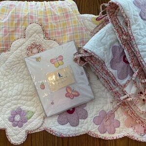 Vintage 2001 Pottery Barn Kids Floral Butterfly Baby Quilt Set in Pink Yellow